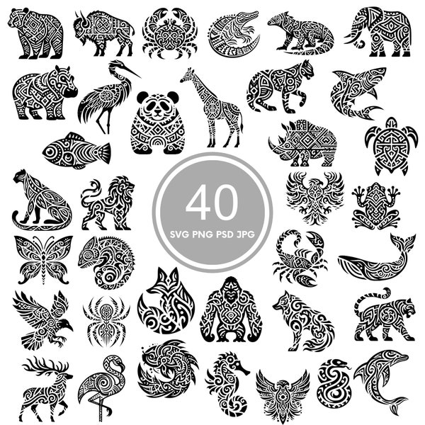 Tribal Animal SVG Bundle, 40 tribal designs, PNG, PSD