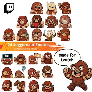 Può includere: Una collezione di 24 emote di Juggernaut in PNG trasparenti, che mostrano varie espressioni. Le emote sono principalmente marroni e rosse, con testo come "GG", "+18" e "made for twitch".