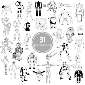 Könnte beinhalten: Eine Sammlung von 31 Schwarz-Weiß-Roboterillustrationen in verschiedenen Posen und Stilen. Die Roboter reichen von einfachen Strichzeichnungen bis hin zu detaillierteren mechanischen Designs. Das Bild enthält den Text "31 SVG PNG PSD JPG" in einem grauen Kreis.