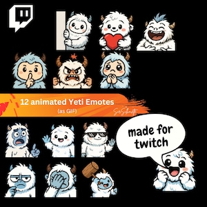 Puede incluir: Un conjunto de 12 emotes animados de Yeti con diversas expresiones, como sostener un corazón, usar gafas de sol y hacer una señal de pulgar hacia arriba. El texto "made for twitch" está en una burbuja. El logotipo de Twitch está en la esquina superior izquierda.