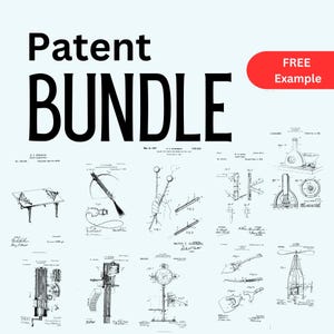 Könnte beinhalten: Eine Sammlung von Schwarzweiß-Patentzeichnungen für verschiedene Erfindungen. Die Zeichnungen befinden sich auf einem hellblauen Hintergrund. Der Text "Patent Bundle" befindet sich oben im Bild. Der Text "FREE Example" befindet sich in einem roten Kreis oben rechts im Bild.