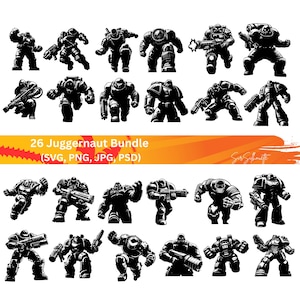 May include: A set of 26 black and white Juggernaut illustrations in different poses, some with weapons. The image features the text "26 Juggernaut Bundle (SVG, PNG, JPG, PSD)" on a yellow and orange banner.