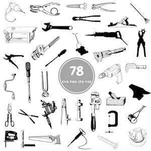 Könnte beinhalten: Ein Set mit 78 Schwarzweiß-Illustrationen von Werkzeugen, darunter ein Schraubenschlüssel, eine Zange, eine Säge, eine Bohrmaschine, ein Hammer, ein Schraubendreher, eine Wasserwaage, ein Maßband, ein Pinsel, eine Farbrolle, eine Leiter, eine Werkzeugkiste und ein Werkbank. Die Illustrationen sind im Vintage-Stil gehalten.