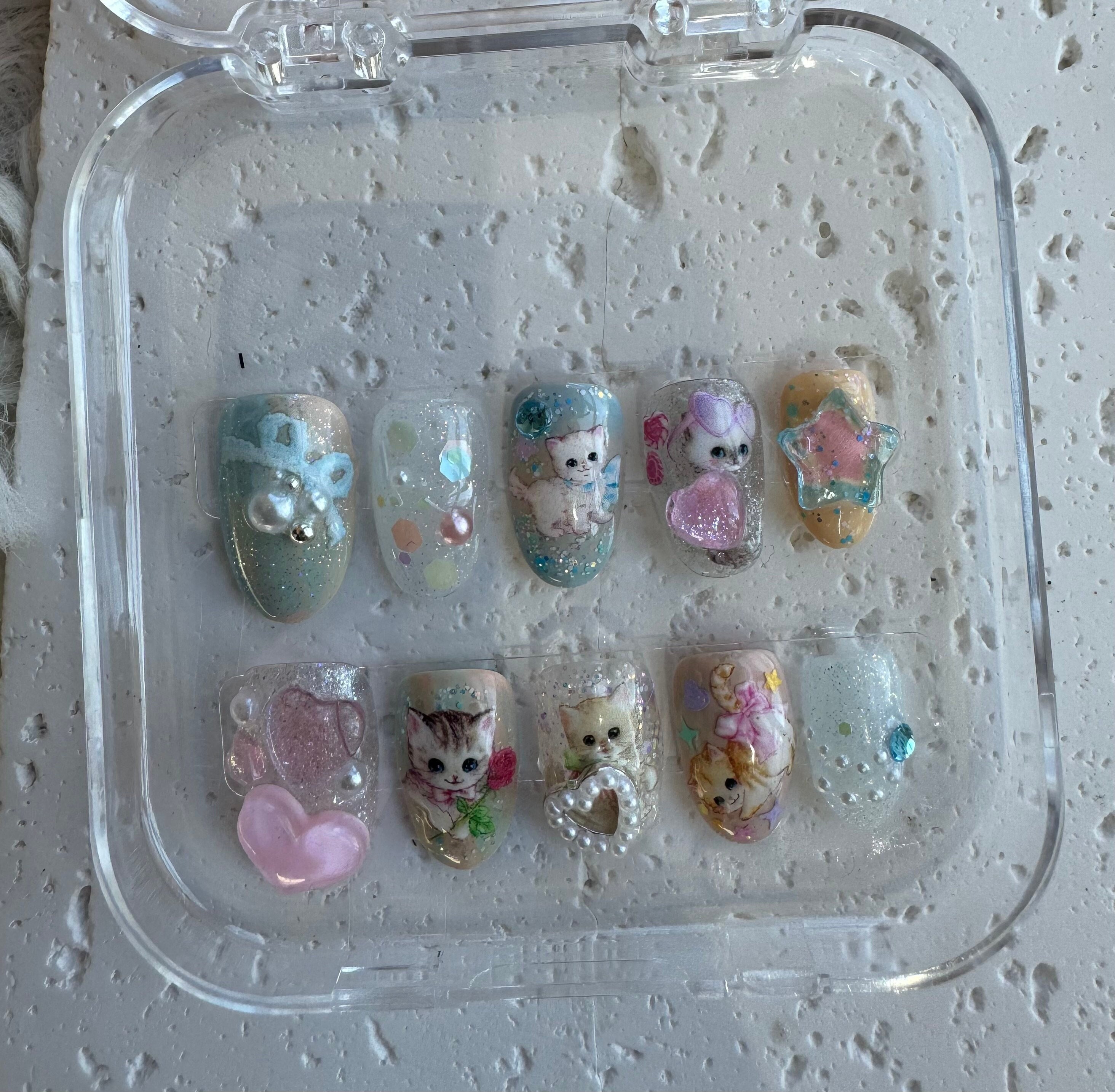 KAWAII cute chunky junk charms press on nails full set 24 (12 x 2) long  square
