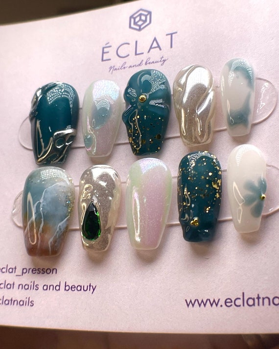 Waves. 3D Nails With Nail Stones. Used High Quality Gel Products. Unique  Design. Luxury Hand Made Press on Nails. Reusable Nails. 