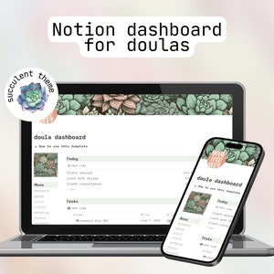Puede incluir: Un portátil y un teléfono inteligente muestran una maqueta de un tablero de Notion con un tema de suculentas. El tablero se titula "Doula Dashboard" e incluye secciones para "Hoy", "Menú" y "Tareas".