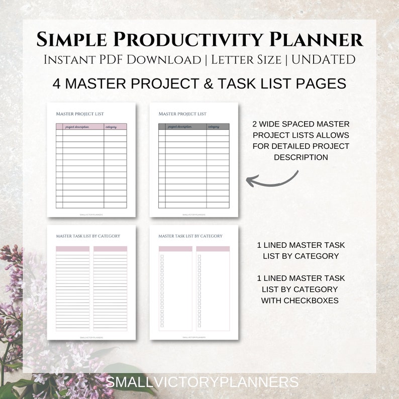 Simple Productivity Planner Minimalist Productivity Planner Bundle Undated Printable Productivity Planner Letter Size PDF Download image 4