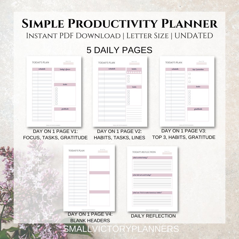 Simple Productivity Planner Minimalist Productivity Planner Bundle Undated Printable Productivity Planner Letter Size PDF Download image 7