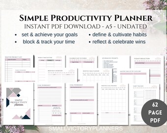 A5 Simple Productivity Planner | Minimalist Productivity Planner Bundle | Undated Printable Productivity Planner A5 Size | PDF Download