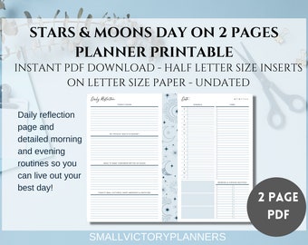 Stars and Moons Day on 2 Pages Printable Planner Inserts | Half Letter | FC Classic | DO2P Planner | Daily Planner | PDF | Productivity