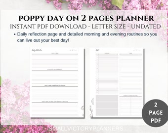 Poppy Day on 2 Pages Printable Planner | DO2P Planner | Daily Planner | Minimalist Planner | Spring Planner | Letter Size | PDF Download