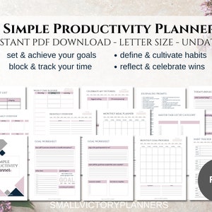 Simple Productivity Planner Minimalist Productivity Planner Bundle Undated Printable Productivity Planner Letter Size PDF Download image 1