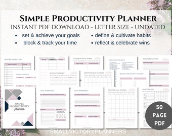 Simple Productivity Planner | Minimalist Productivity Planner Bundle | Undated Printable Productivity Planner Letter Size | PDF Download