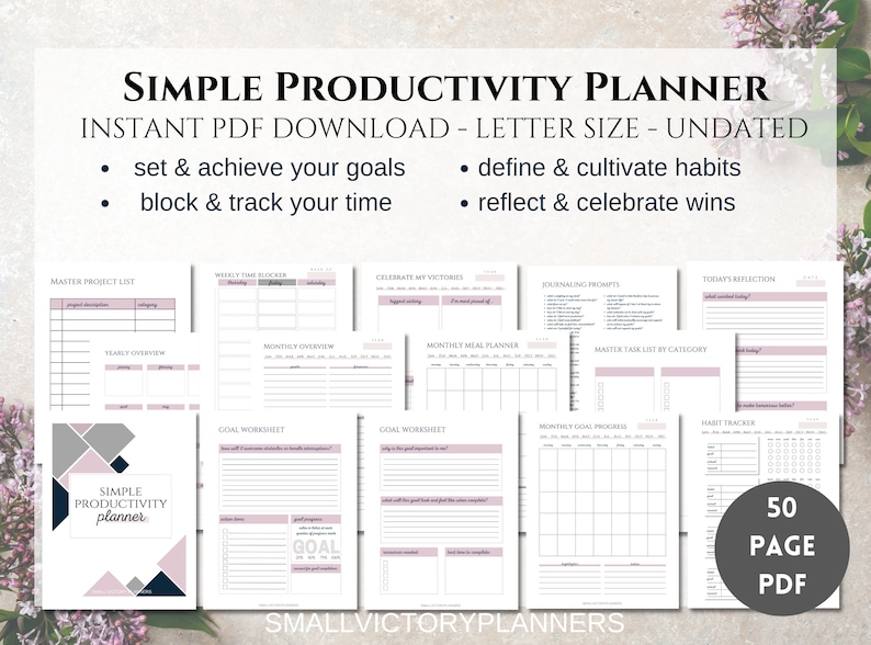 Simple Productivity Planner Minimalist Productivity Planner Bundle Undated Printable Productivity Planner Letter Size PDF Download image 1