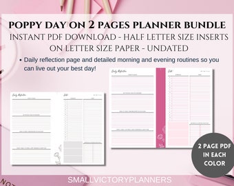 Poppy Day on 2 Pages Printable Planner Bundle (Pink and B&W)| DO2P Planner | Daily Planner | Half Letter Inserts | Letter Size Paper | PDF