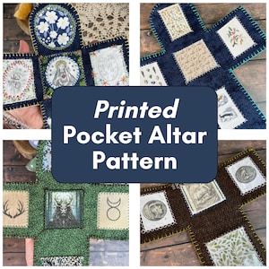 May include: A multi-panel pocket altar pattern with various printed designs. The designs include floral patterns, religious figures, and other illustrations. The text "Printed Pocket Altar Pattern" is displayed on a navy blue background.