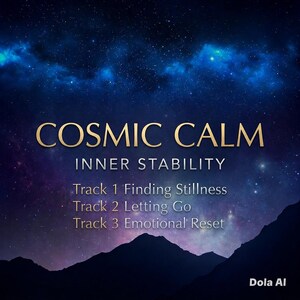 May include: A digital graphic with the words "COSMIC CALM" in gold lettering. Below, the text reads "INNER STABILITY" and lists three tracks: "Finding Stillness," "Letting Go," and "Emotional Reset." The background features a starry night sky.