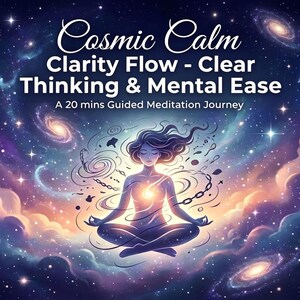 Puede incluir: Una ilustración digital que muestra a una persona en posición de meditación sobre un fondo cósmico de estrellas y galaxias. El texto dice: Cosmic Calm, Clarity Flow - Clear Thinking & Mental Ease, A 20 mins Guided Meditation Journey. Logo Dola AI.