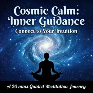 Può includere: Un grafico digitale che mostra la sagoma di una persona in posizione di meditazione seduta su uno sfondo di galassia blu vorticosa. Il testo recita: Cosmic Calm: Inner Guidance, Connect to Your Intuition, A 20 mins Guided Meditation Journey, Dola AI.