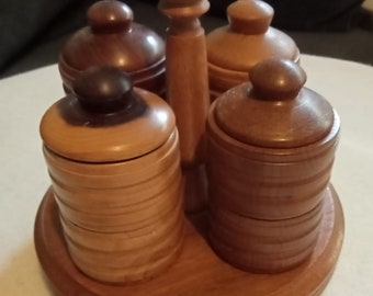 Set of 8 Wooden Napkin Rings and stand, rescued and upcycled