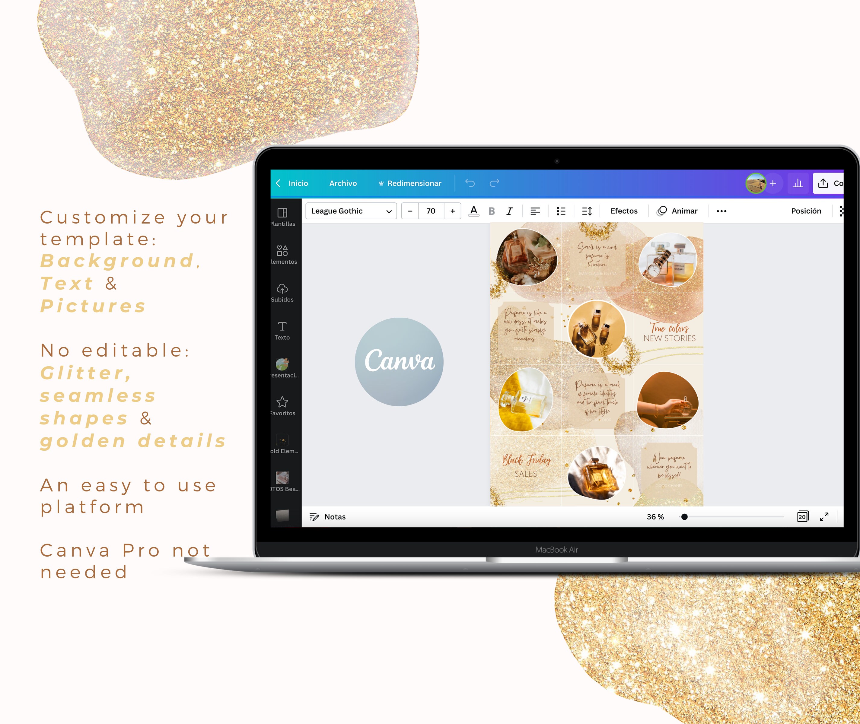 Gold Glitter Instagram Canva Template for Beauty Business, Instagram