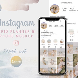 May include: A mockup of an Instagram grid planner with a phone displaying a sample Instagram profile. The profile features a lifestyle blog with a focus on eco-friendly recipes and healthy living. The text "Hi there! For collabs..." is visible on the profile.