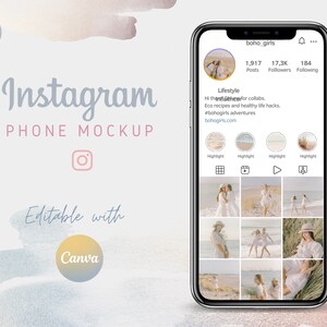 May include: A mockup of an Instagram phone screen with a profile for "boho girls". The profile has 1,917 posts, 17.3K followers, and 184 following. The profile bio reads "Hi there!  Here for collabs. Eco recipes and healthy life hacks. #bohogirls adventures bohogirls.com". The profile has four highlighted reels: "Highlight", "Highlight", "Highlight", and "Highlight". The grid shows nine photos of women in white dresses on a beach.