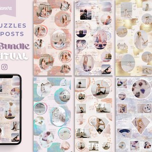 May include: A digital collage of 10 different puzzle designs featuring images of people practicing yoga, meditating, and enjoying nature. The collage is titled "Full Bundle Spiritual" and includes 180 posts.