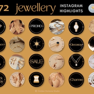 May include: A set of 16 Instagram story highlight covers featuring gold jewelry, including necklaces, earrings, bracelets, rings, and charms. The covers are designed with a black background and gold accents, and they are perfect for showcasing your jewelry business on Instagram.