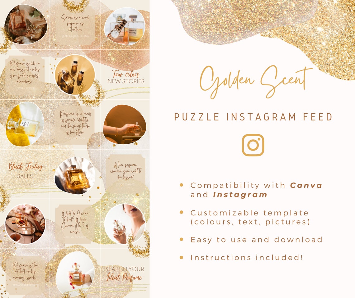 Gold Glitter Instagram Canva Template for Beauty Business, Instagram