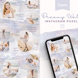 May include: A collage of nine Instagram photos with a dreamy aesthetic. The photos feature a woman in a white dress, a picnic basket, a glass bottle, and text overlays with quotes about happiness, laughter, and hope. The collage is set against a glittery background.