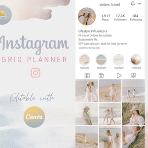 May include: Instagram grid planner template with the text "Instagram Grid Planner" and "Editable with Canva". The template is designed to help users plan their Instagram feed. The template includes a grid of nine squares, each with a different image. The images are of a beach scene with two people in white dresses. The template also includes a section for highlights, with four different icons. The icons are for grid, play, play, and a person. The template is in a light blue and white color scheme.