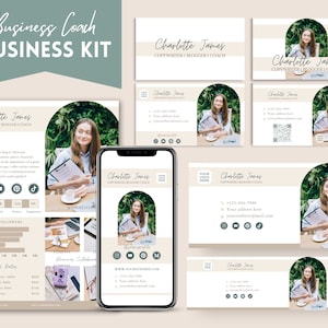 May include: A business coach's marketing kit with a beige background and green accents. The kit includes a business card, social media graphics, and a website landing page. The landing page features a photo of the coach, her name, and her services. The text on the landing page reads "Charlotte James, Copywriter | Blogger | Coach".