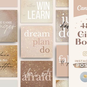 Puede incluir: Un conjunto de 48 plantillas de publicaciones de Instagram con citas motivacionales para jefas. Las plantillas presentan un fondo de brillo rosa y dorado con texto blanco. Algunas de las citas incluyen "Sé el cambiador del juego", "Gano o aprendo", "Sueña planifica haz", "La confianza no tiene competencia", "Ella no tiene miedo", "Hazlo", "Finge hasta que lo logres".