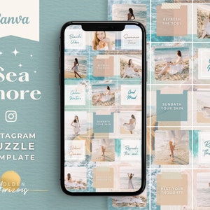 Beach themed Instagram templates, Sea Instagram puzzle feed, Turquoise Instagram template, Blue Instagram puzzle grid, Ocean posts, Blog IG