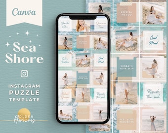 Beach themed Instagram templates, Sea Instagram puzzle feed, Turquoise Instagram template, Blue Instagram puzzle grid, Ocean posts, Blog IG