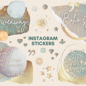 Instagram boho klistermärken, Instagram PNG-citat, Digitala Instagram guldklistermärken, Gröna och guld Instagram Stories, IG Story klistermärken glitter
