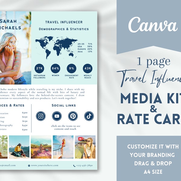 Modèle de kit média d'influenceur de voyage, modèle de feuille de taux Blogger, dossier de presse d'influenceur Instagram, kit média 1 page Canva, kit média Youtube