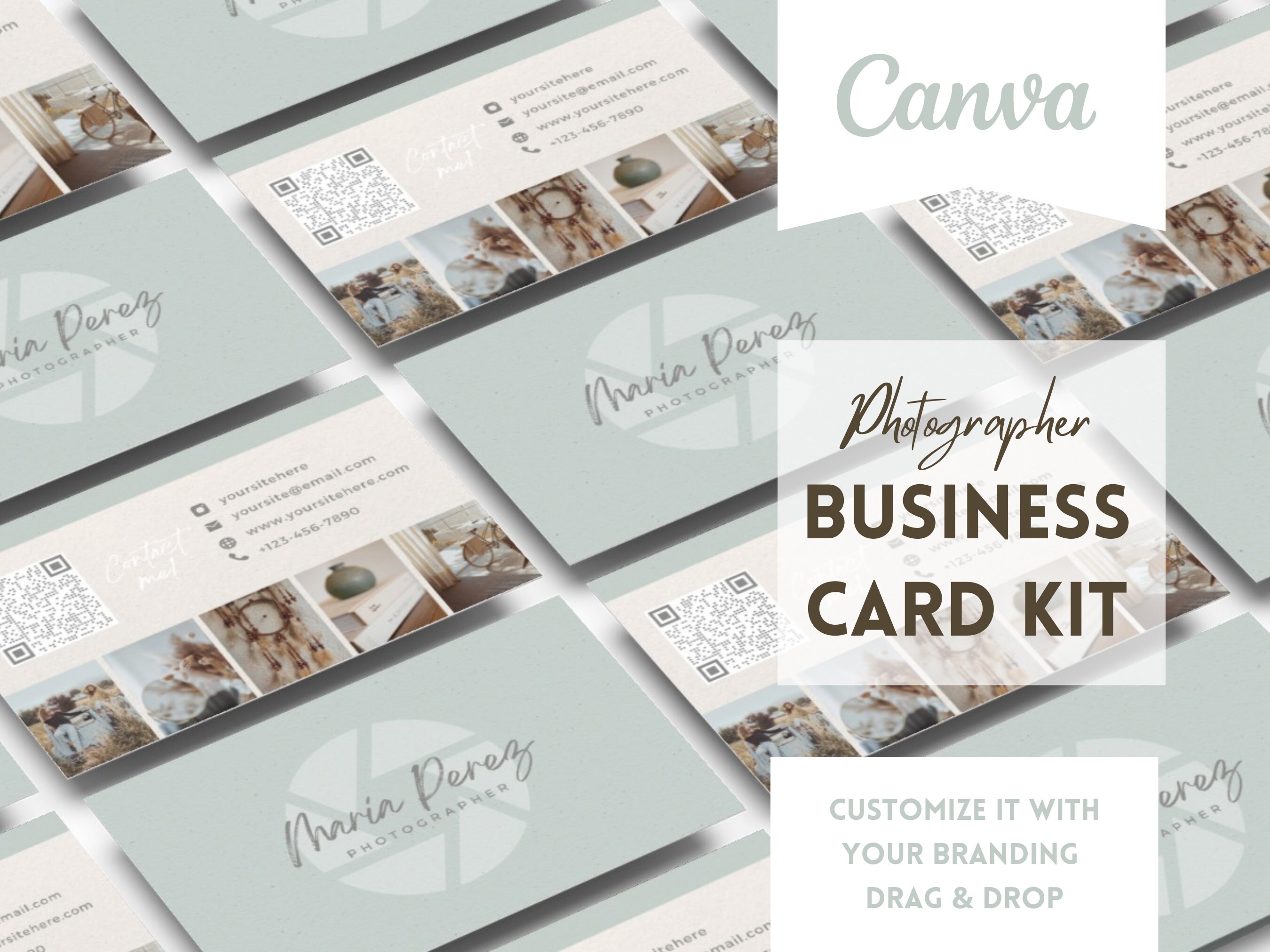 QR code business card template boho, Digital business card kit green, Photographer business card template, Photographer branding kit Canva