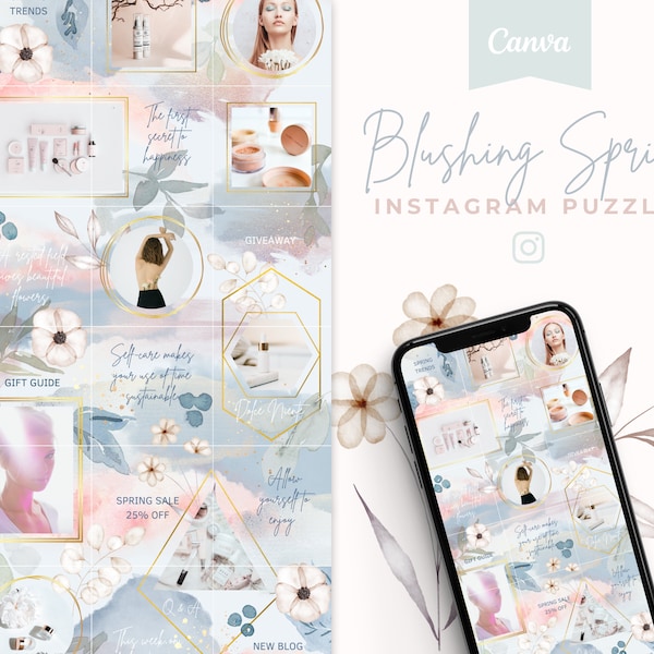 Floral feminine Instagram template for Canva | Blush pink Instagram puzzle | Watercolor blue Instagram | Business entrepreneur woman feed
