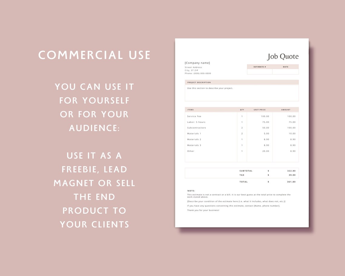 Work Estimate Template, Job Quote Template, Printable Job Estimate ...