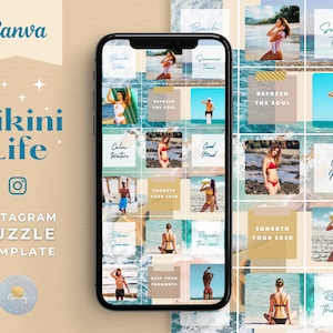 Collage instagram puzzle template, Beach Instagram posts, Holiday social media posts for business, Influencer vacation Instagram, Blue feed