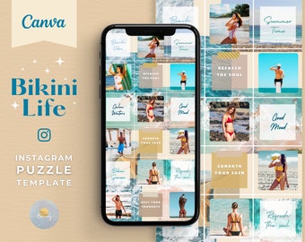 Collage instagram puzzle template, Beach Instagram posts, Holiday social media posts for business, Influencer vacation Instagram, Blue feed