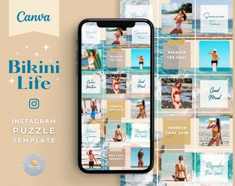 Plantilla de rompecabezas de Instagram de collage, publicaciones de Instagram de playa, publicaciones de redes sociales navideñas para empresas, Instagram de vacaciones de influencers, feed azul