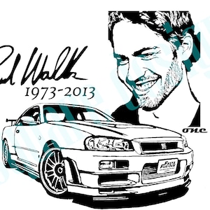 May include: Black and white illustration of Paul Walker's signature, the years 1973-2013, a white Nissan Skyline GT-R R34, and the text "one last ride".