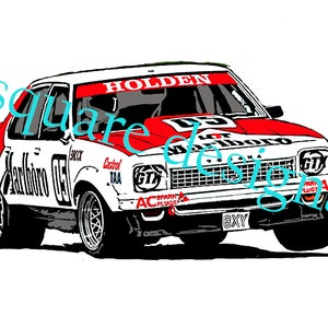 May include: Illustration of a white, red, and black race car with the text "Marlboro 05" and "Holden". The car has a racing stripe across the top and the text "e square designs" in a teal color.