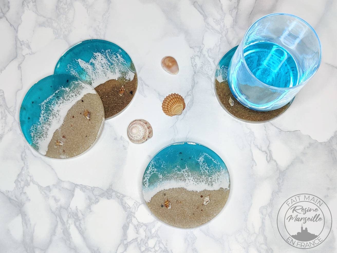 Dessous de Verre , Sous ou Coaster Style Plage, Océan et Vague sur La Sable | Coquillages en Option