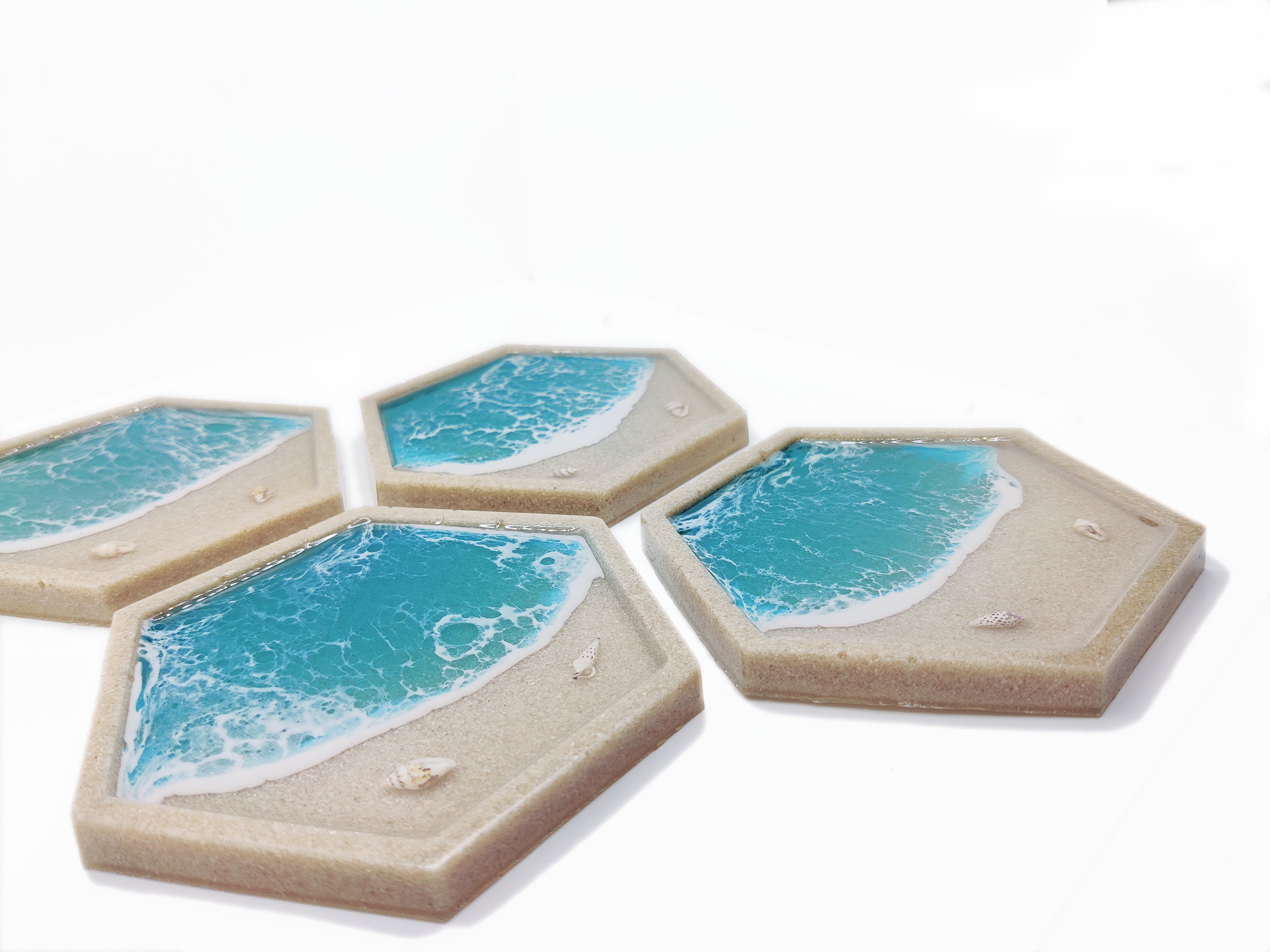 Dessous de Verre - Sous-Verre Hexagone Xl Résine Plage Sable Vagues et Coquillages Coaster Resin Wav