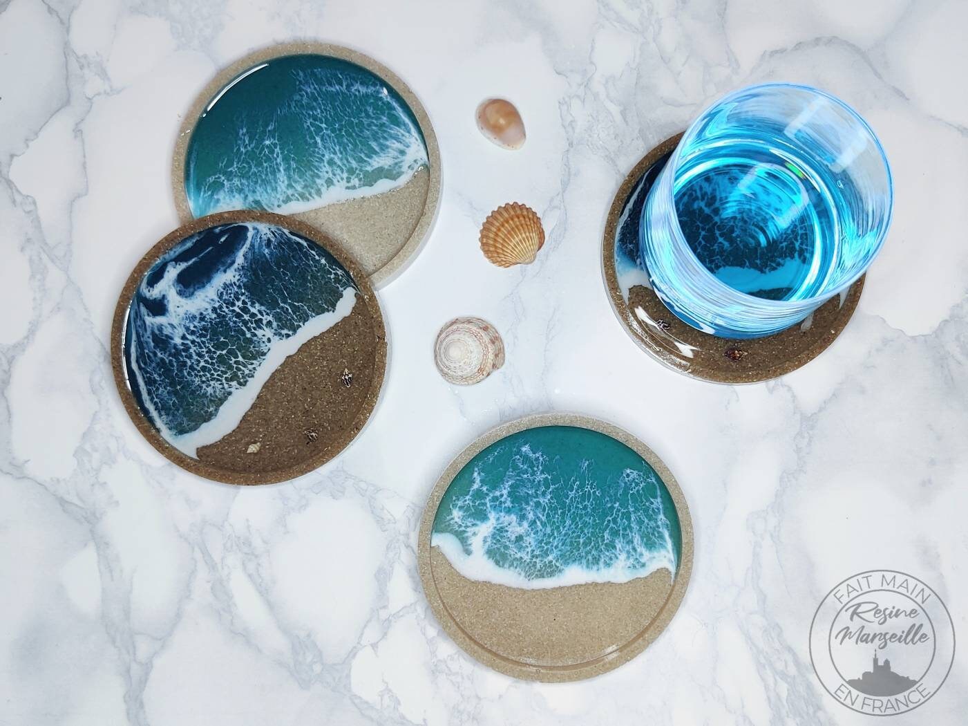 Dessous de Verre - Sous-Verre Xl Résine Plage Sable Vagues et Coquillages Coaster Resin Wave