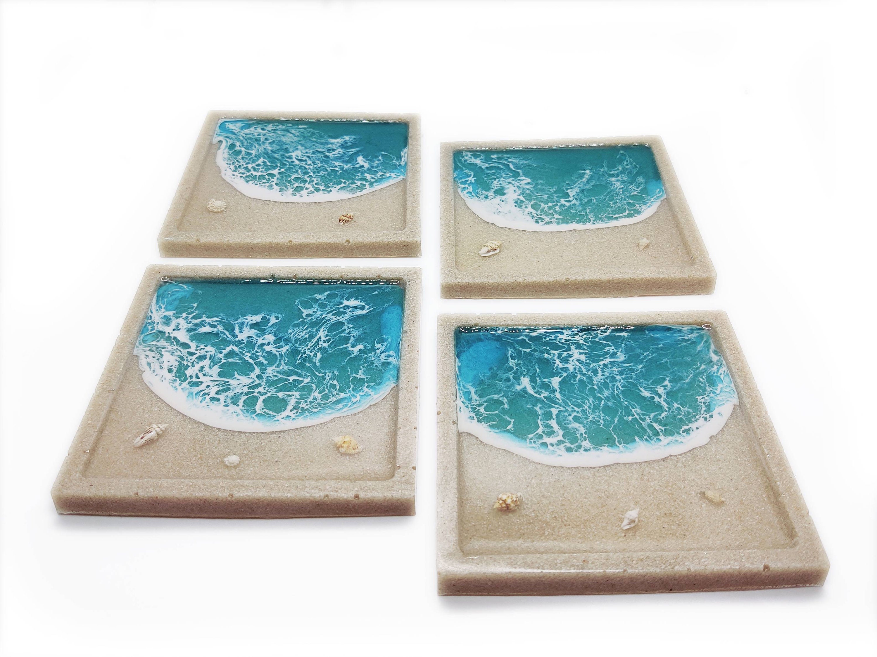 Dessous de Verre - Sous-Verre Carré Xl Résine Plage Sable Vagues et Coquillages Coaster Resin Wave